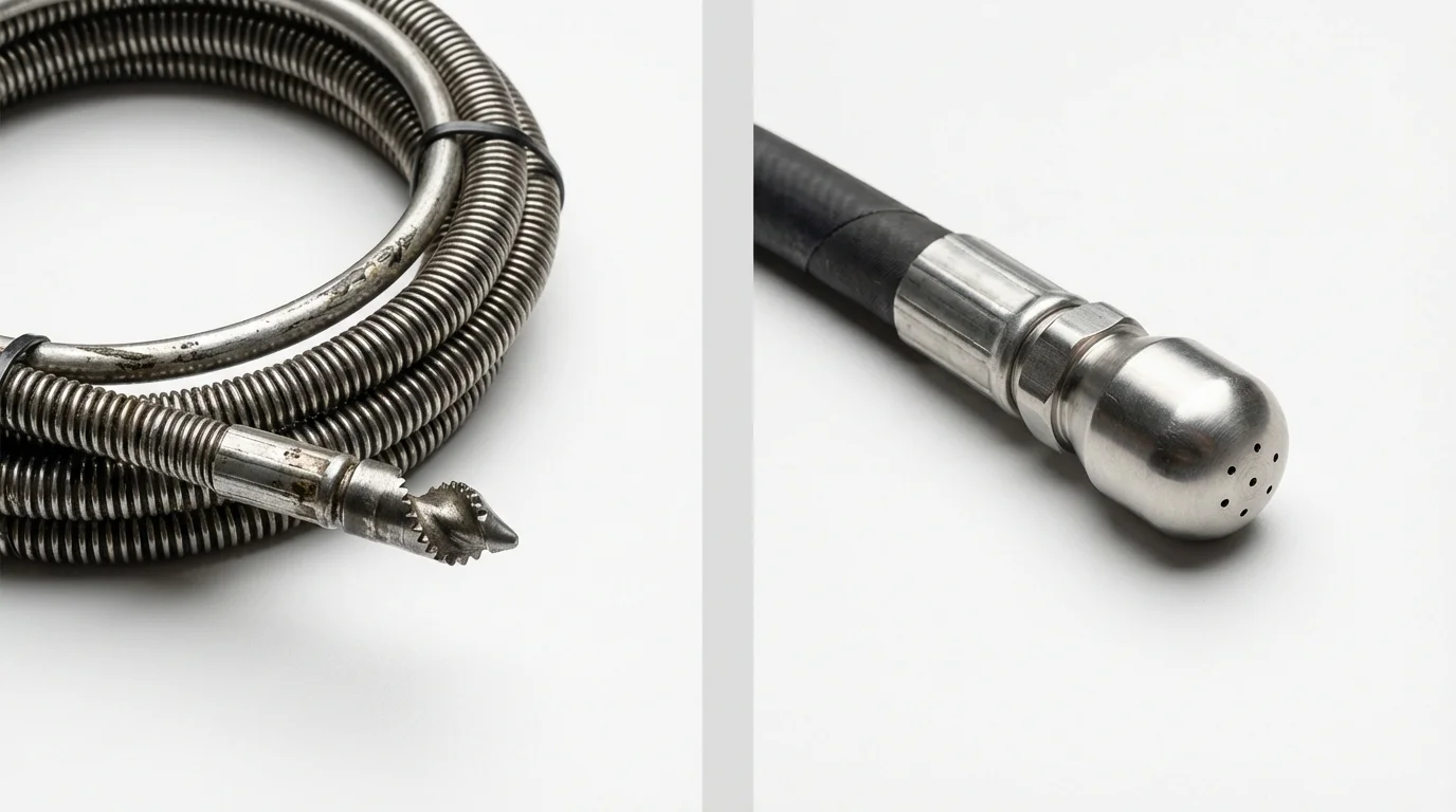 Drain snake cable and hydro jetting nozzle used for drain cleaning in Covington, LA