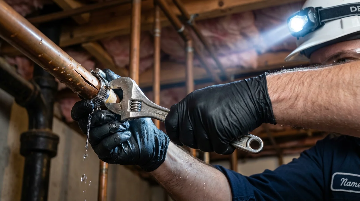 Emergency pipe clamp repair being performed by a Johns Plumbing LLC plumber in Covington