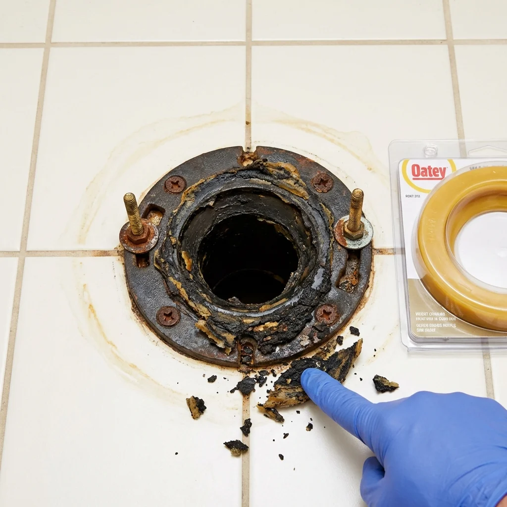 Failed wax ring showing water seepage at the base of a toilet in a Covington, LA home